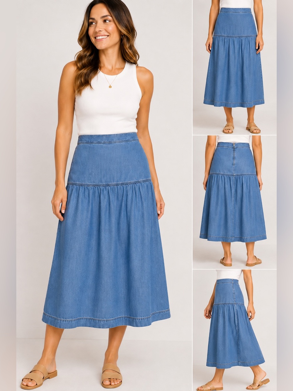 Time and Tru Chambray Denim Midi Skirt Women’s Size 12 Light Wash Tiered A-Line